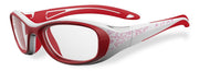 Youth sport protective goggles, side angle, white frame with pink accents, red lenses