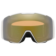 Snow goggles with white wrap frame and wide gold Prizm mirrored lens