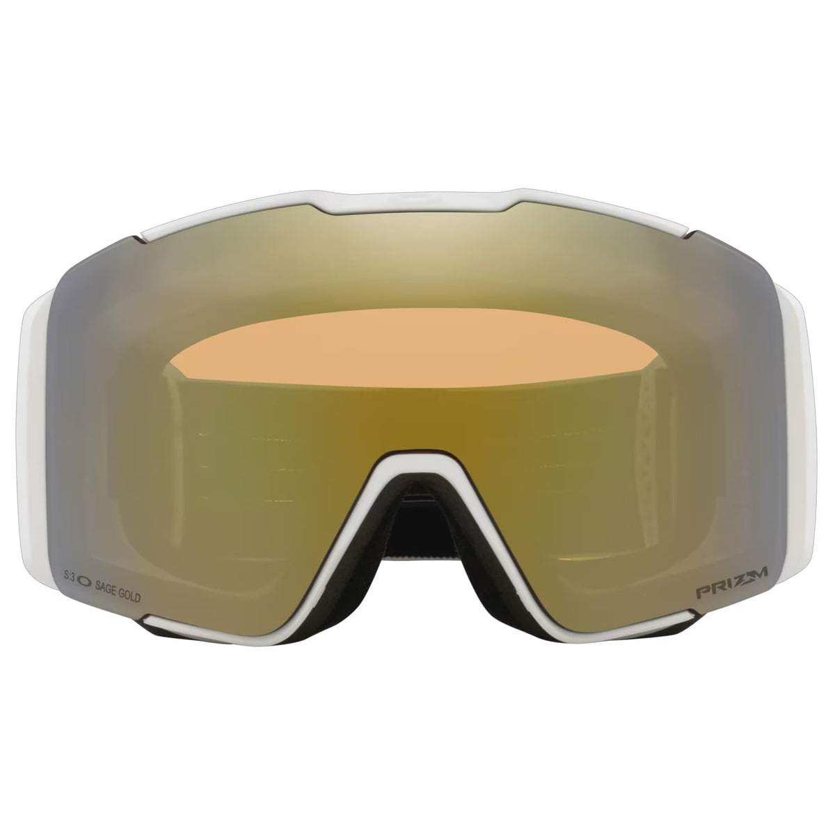 Snow goggles with white wrap frame and wide gold Prizm mirrored lens