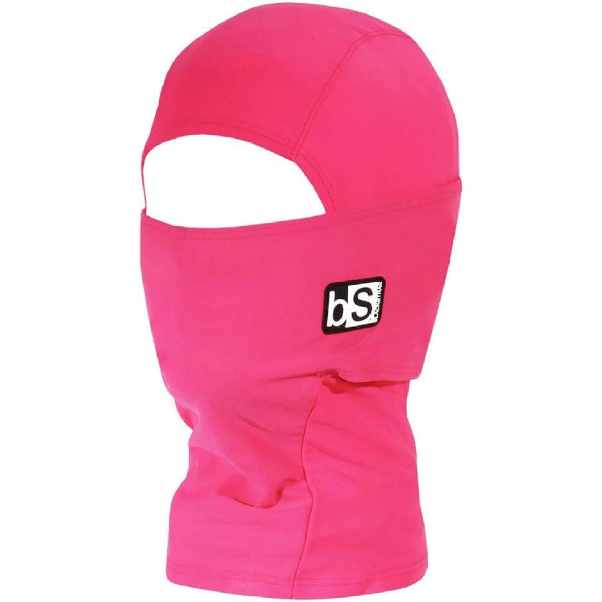 Youth expedition hood in bright pink with logo patch and face opening, full coverage