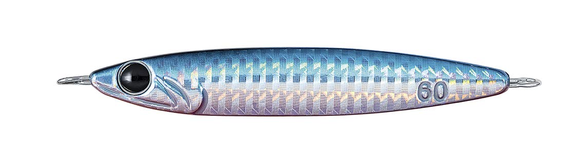 Daiwa metal casting lure, blue-pink hologram finish, slim minnow shape, 60