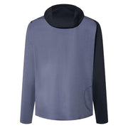 Men's two-tone hoodie back view in heather gray with dark sleeves, adjustable hood