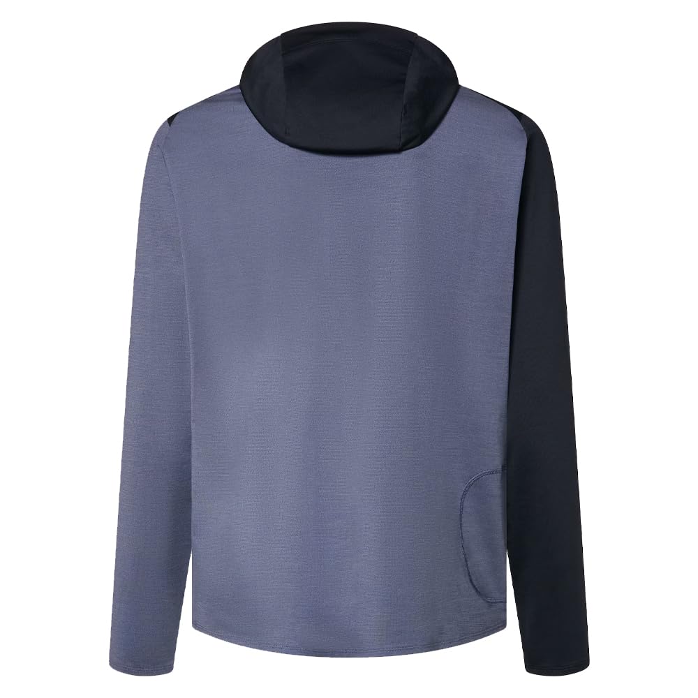 Men's two-tone hoodie back view in heather gray with dark sleeves, adjustable hood