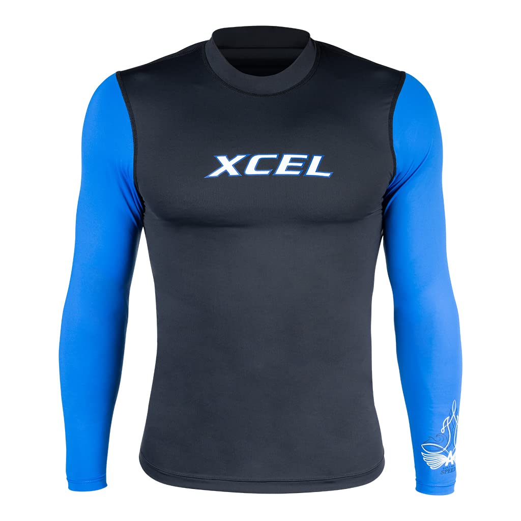 Men's long sleeve rashguard, dark body with blue sleeves and XCEL logo