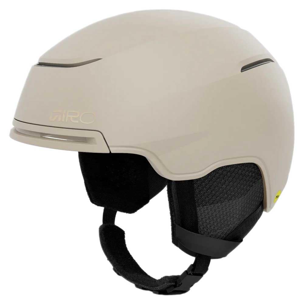 Giro Terra snow helmet in light beige with black liner and chin strap, Mips label