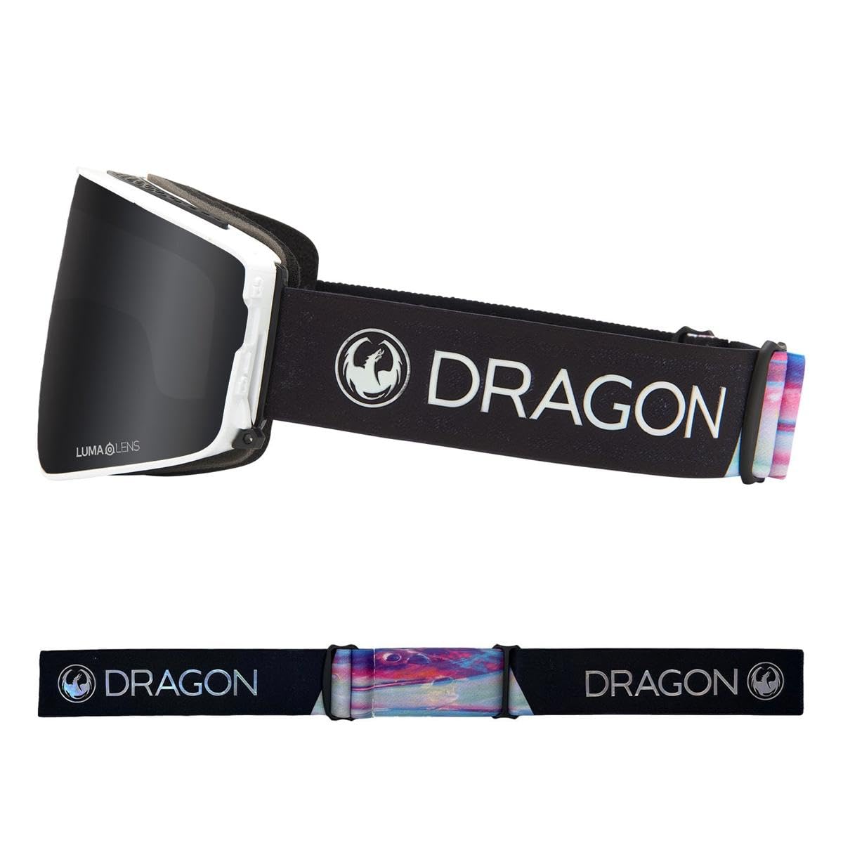 Dragon PXV2 snow goggles with dark lens, black strap and colorful side panel
