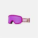 Purple snow goggles, side view; pink-tinted lens and patterned strap