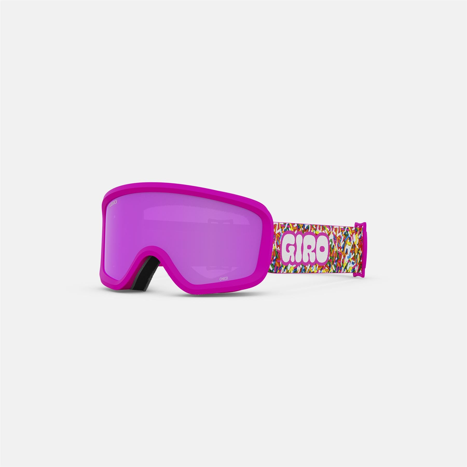 Purple snow goggles with pink-tinted lens and patterned strap