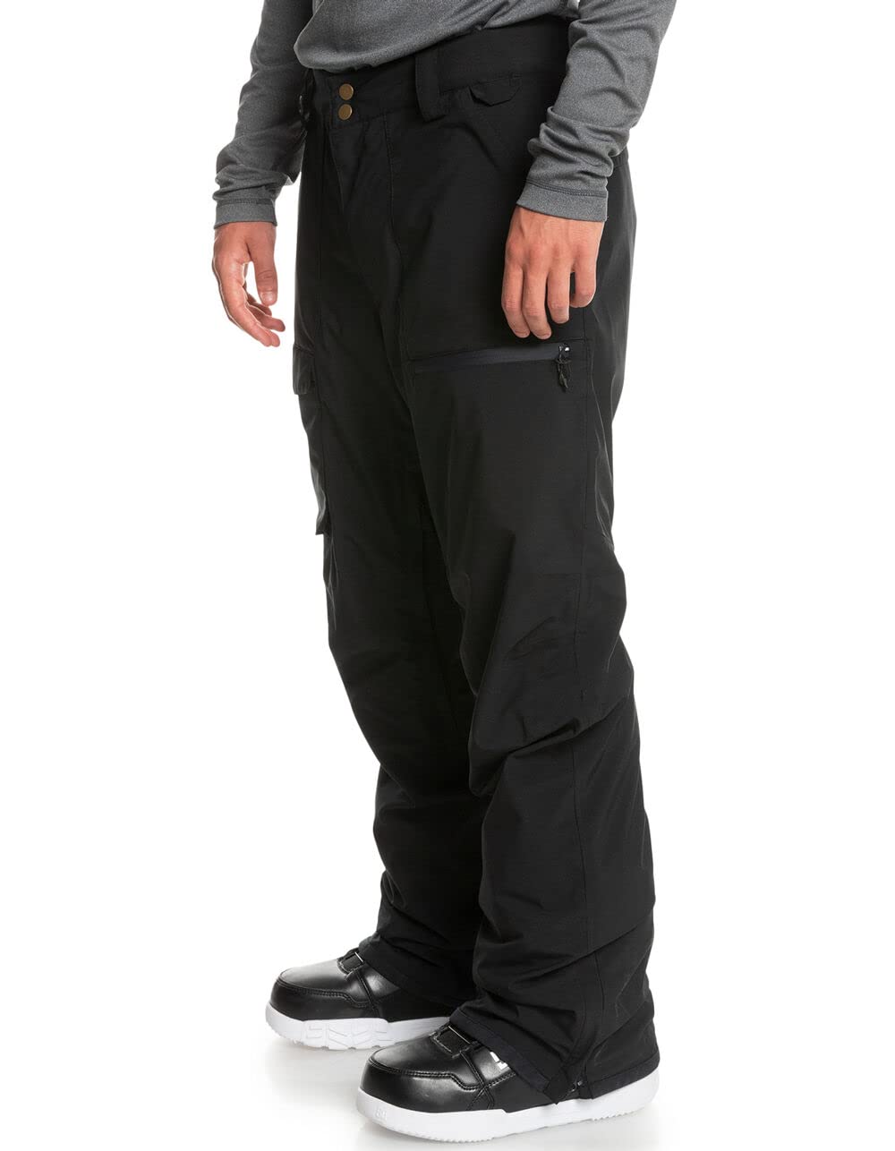 Men's black snowboard pants, side view with adjustable hem and cargo pocket