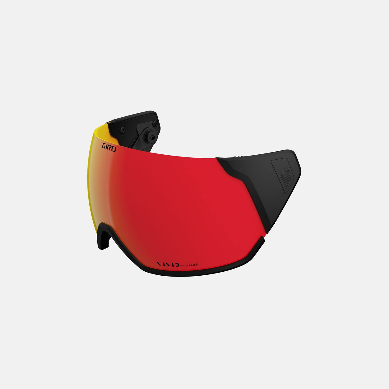 Red curved spherical replacement helmet shield with black mounting frame, Giro logo
