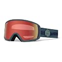 Snow goggles with red mirrored lens and dark frame, blue strap