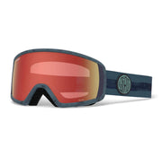 Snow goggles with red mirrored lens, dark frame, and blue Giro strap