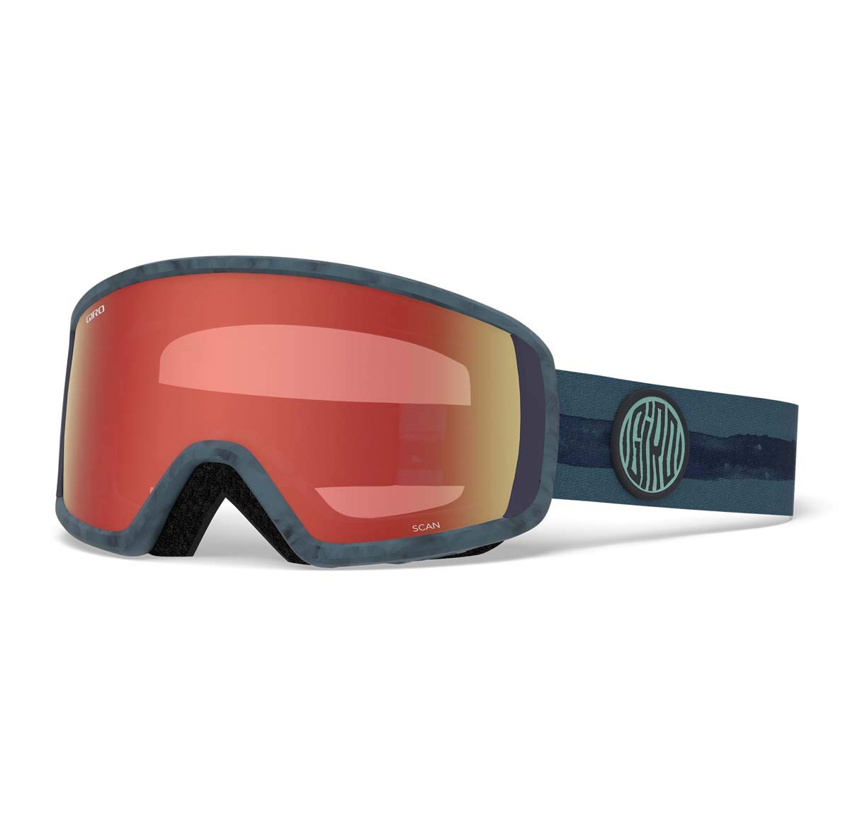 Snow goggles with red mirrored lens, dark frame, and blue Giro strap