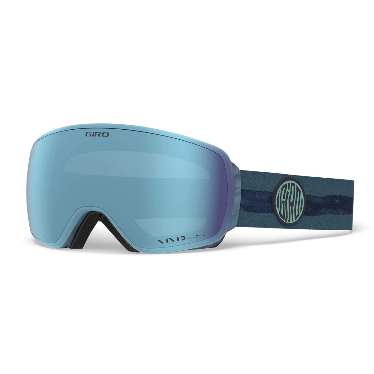 Giro snow goggles with teal frame, purple mirrored lens, and dark patterned strap