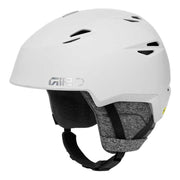Spherical snow helmet in matte white with gray lining and front vent openings