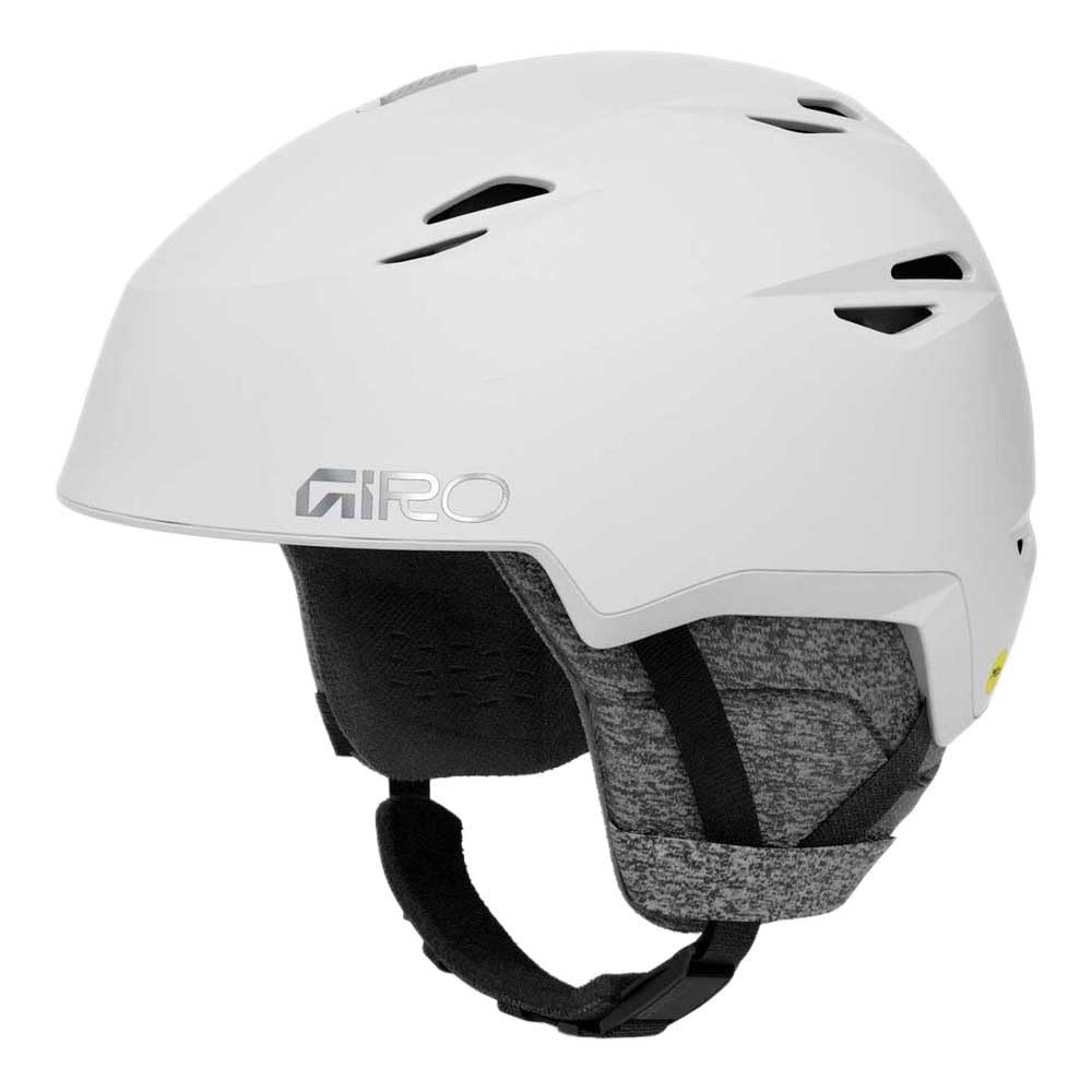 Spherical snow helmet in matte white with gray lining and front vent openings