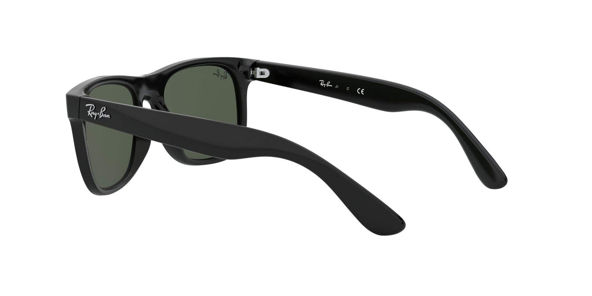 Ray-Ban Justin RJ9069S sunglasses, black frame with dark green lenses, angled view