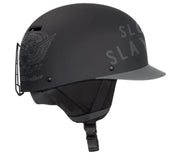 Black snow helmet with side graphic marks, vented shell, and chin strap.