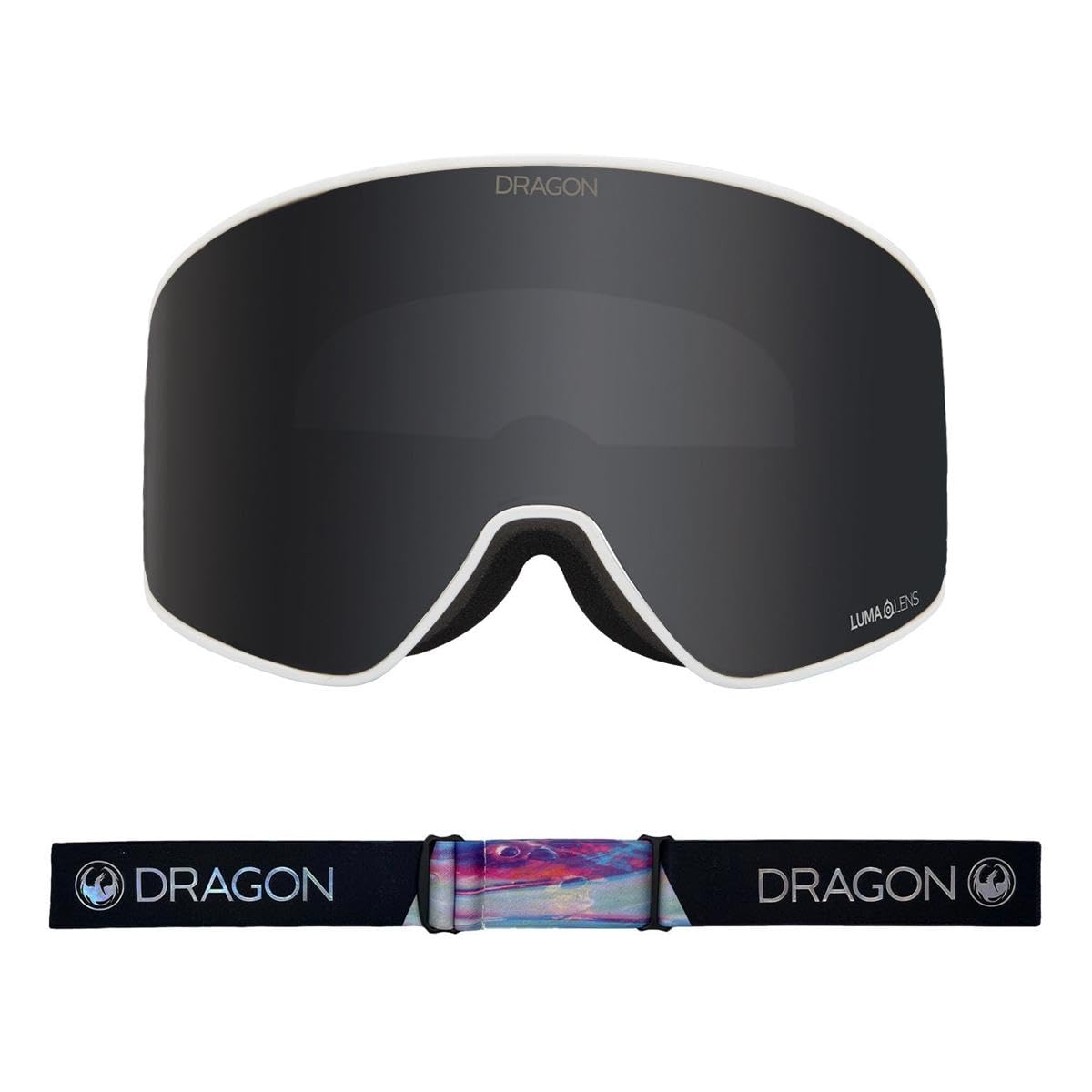 Dragon PXV2 snow goggles with dark lens and white frame, plus spare strap