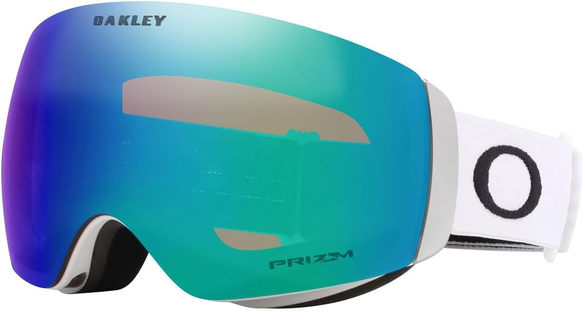 Oakley Flight Deck snow goggles with white frame, blue Prizm lens, white strap