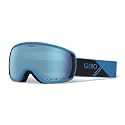 Blue snow goggles, side view, mirrored blue lens with black face gasket