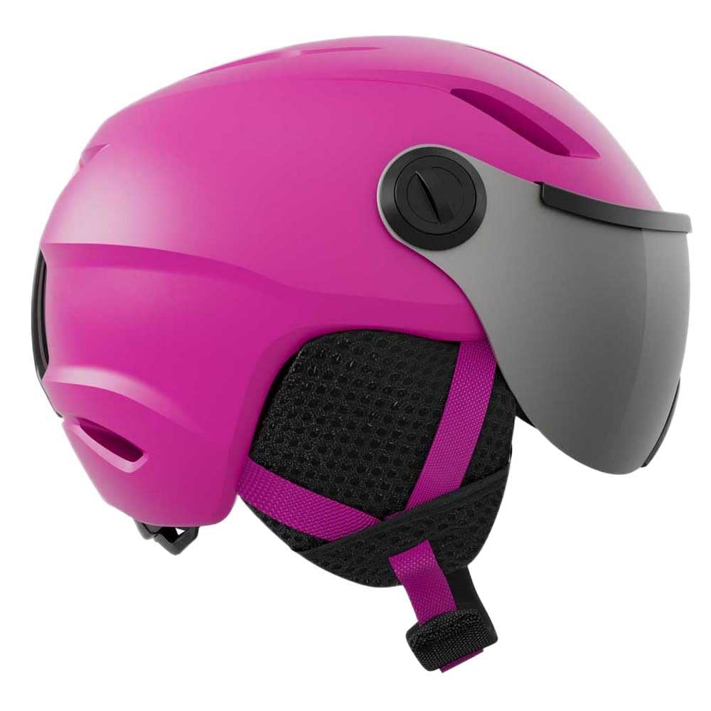 Kids snow helmet matte bright pink with grey ear pads, black face guard and chin strap