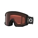 Oakley snow goggles with black frame and red Prizm lens, angled side view