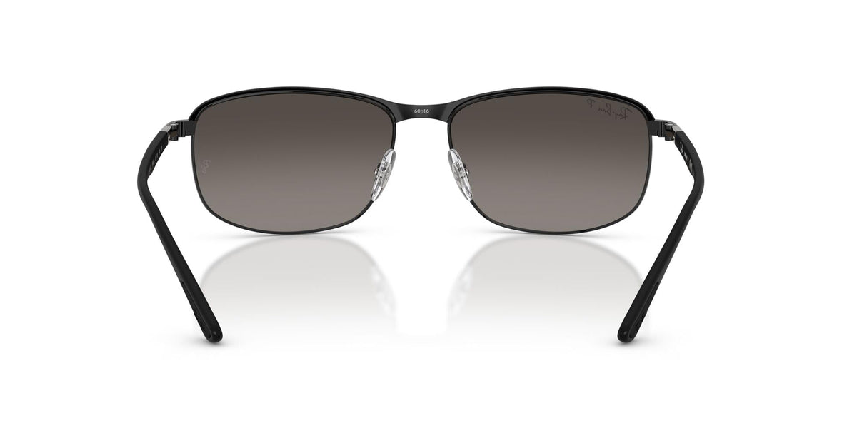 Black full-rim sunglasses with dark grey lenses and slim angled temples
