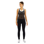 Black thermal halter bib tights with perforated mesh yoke and racer back