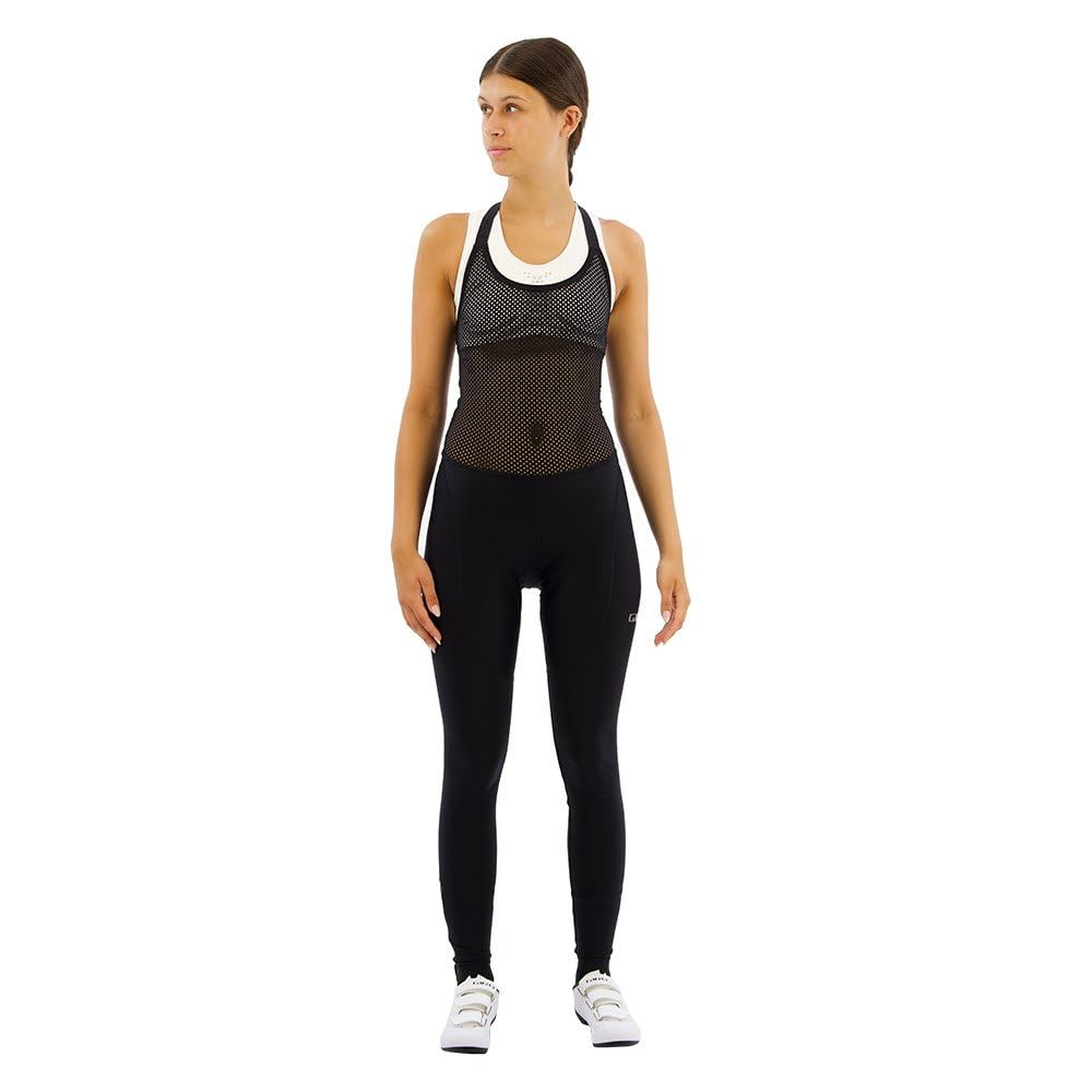 Black thermal halter bib tights with perforated mesh yoke and racer back