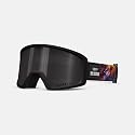 Snow goggles with black frame and dark lens; close-up with graphic strap.