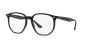 Sunglasses with black frame and clear lenses, curved nose bridge and temple arms.