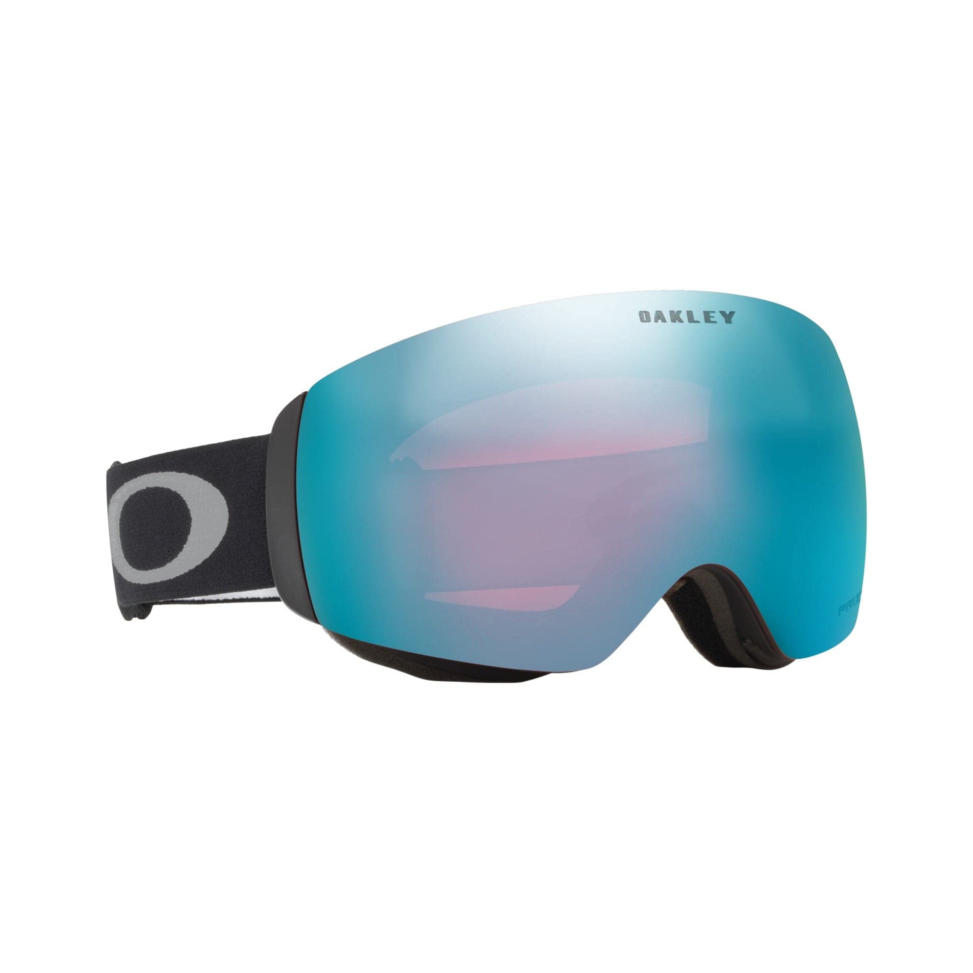 Oakley snow goggle with black strap and blue mirrored Prizm lens, angled side view.