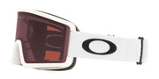 Snow goggles with white frame and strap, dark mirrored lens with large black O