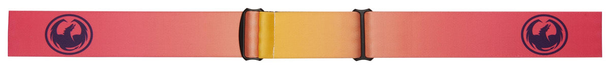 Red snow goggle strap with circular dragon logo