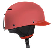 Low profile ski helmet, matte red-orange shell with chin strap and vent panels