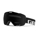 Snow goggles with dark lens and black frame, angled view