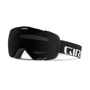 Snow goggles with matte black frame and dark lens, side strap with large logo