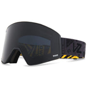 Black snow goggles with dark lens and black strap, VZ logo detail
