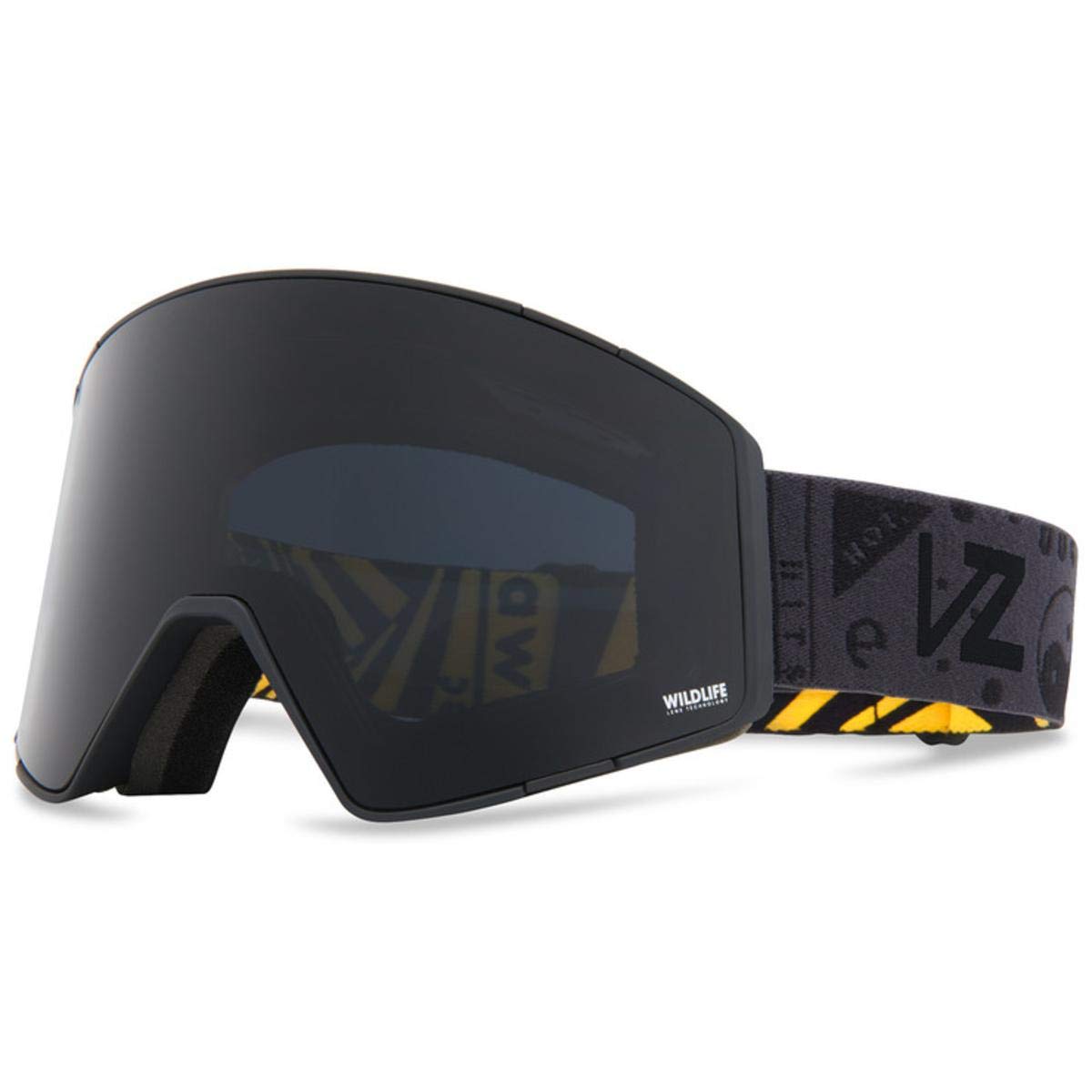Black snow goggles with dark lens and black strap, VZ logo detail