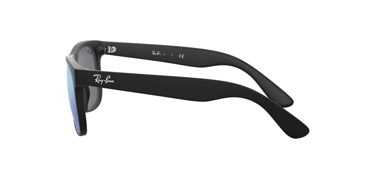 Ray-Ban Justin RJ9069S sunglasses, black frame with blue reflective lenses, side profile