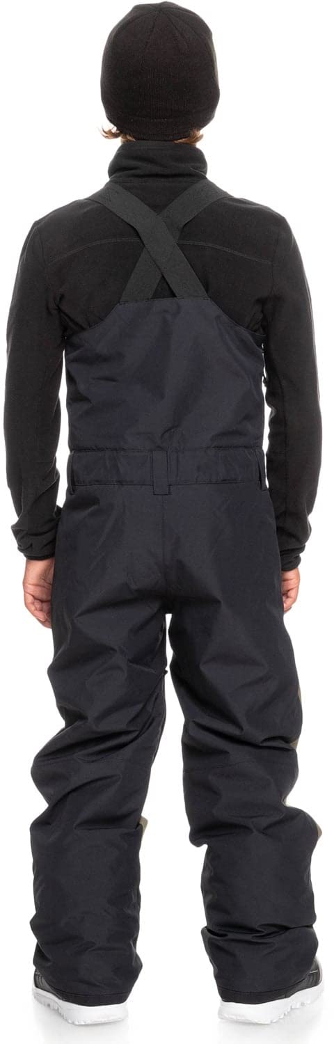 Boys' insulated snowboard bib overalls, dark back view with adjustable shoulder straps