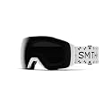 Snow goggles with black lens and white frame, branded strap detail.