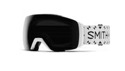 Snow goggles with black lens and white frame, patterned branded strap.