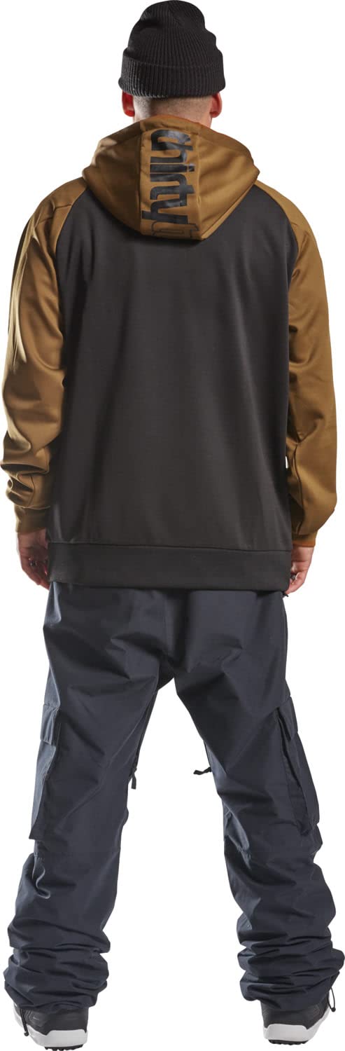 Men's back view tech snow sport hoodie with tobacco hood lining and dark gray pouch pocket