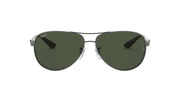 Aviator sunglasses front view, dark green lenses with slim silver bridge