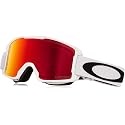 Snow goggles with red lens, white frame, and gray strap