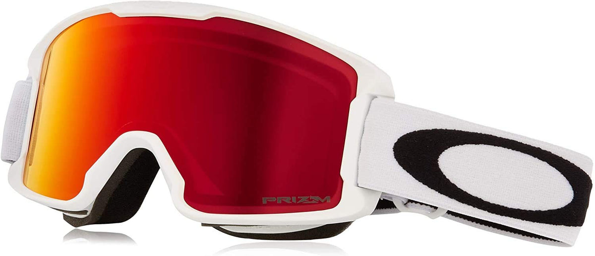 Snow goggles with white frame and red-orange mirrored lens