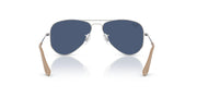 Ray-Ban aviator sunglasses with dark blue lenses and silver frame, angled front view