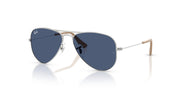 Ray-Ban aviator sunglasses, dark blue lenses and silver frame with straight metal temples